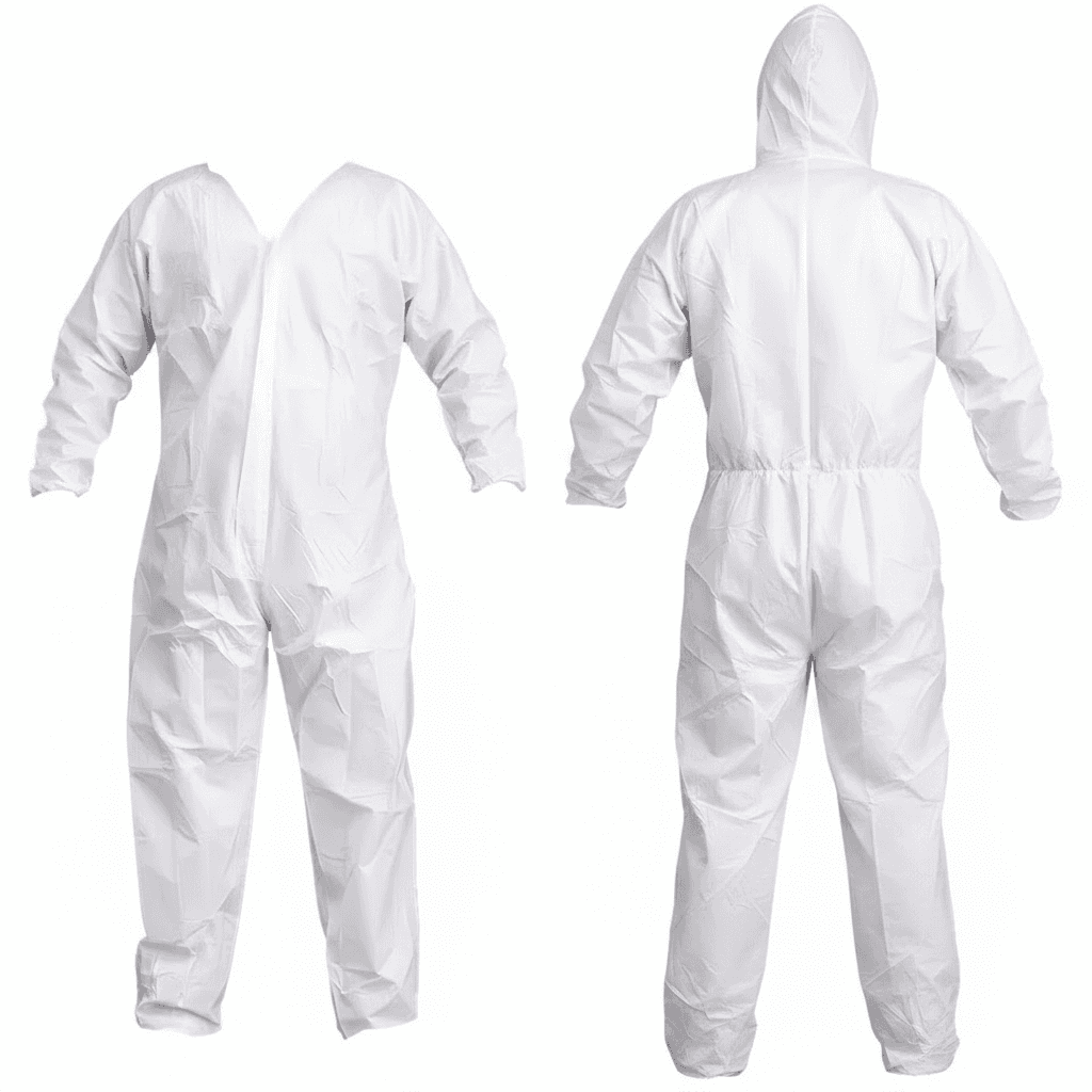 Disposable Biohazard Hazmat Suit worn by a person, shown front and back on a white background.