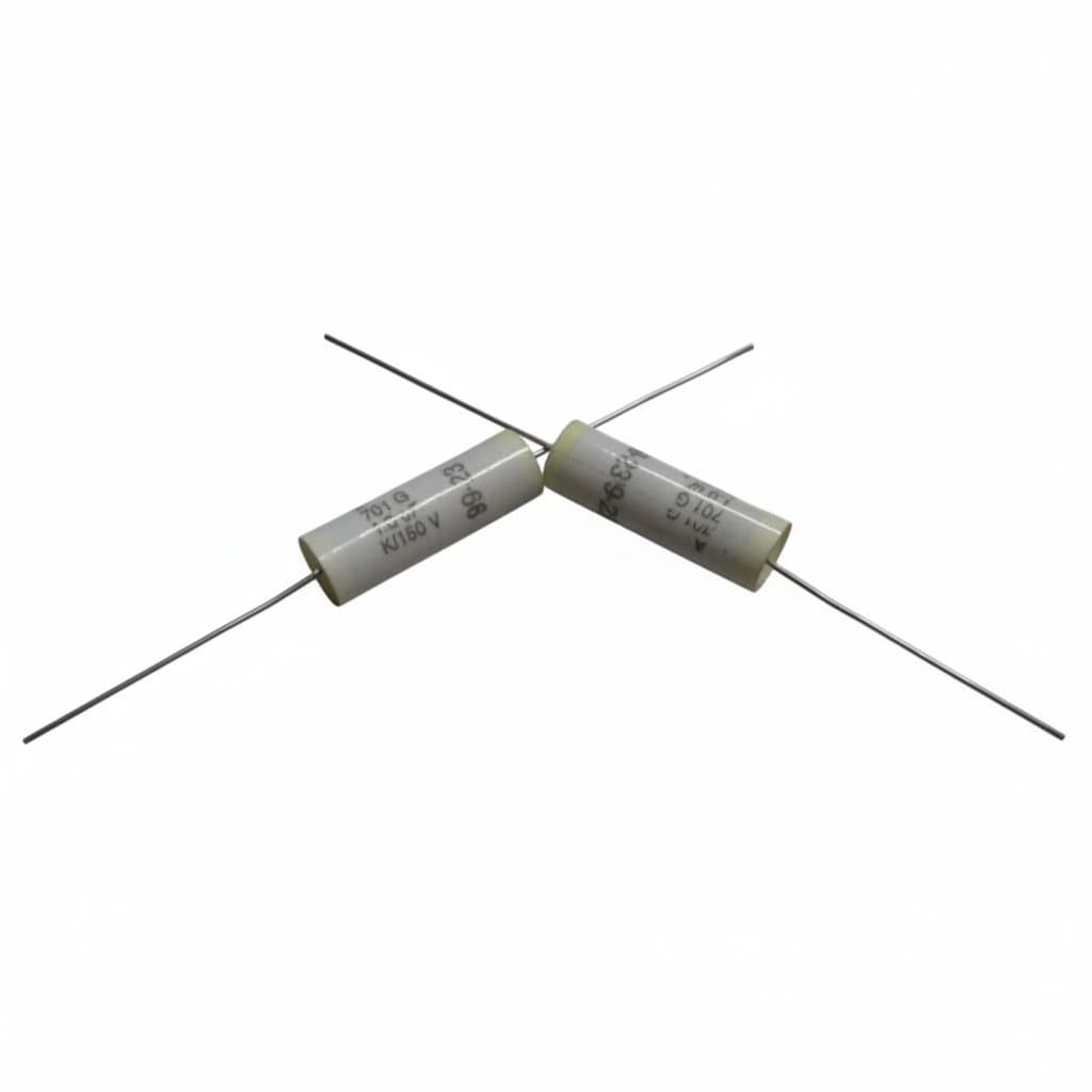 AEROVOX 1.0uf 150v film capacitor pack of 10, showing axial leads and blue cylindrical body with printed specifications.