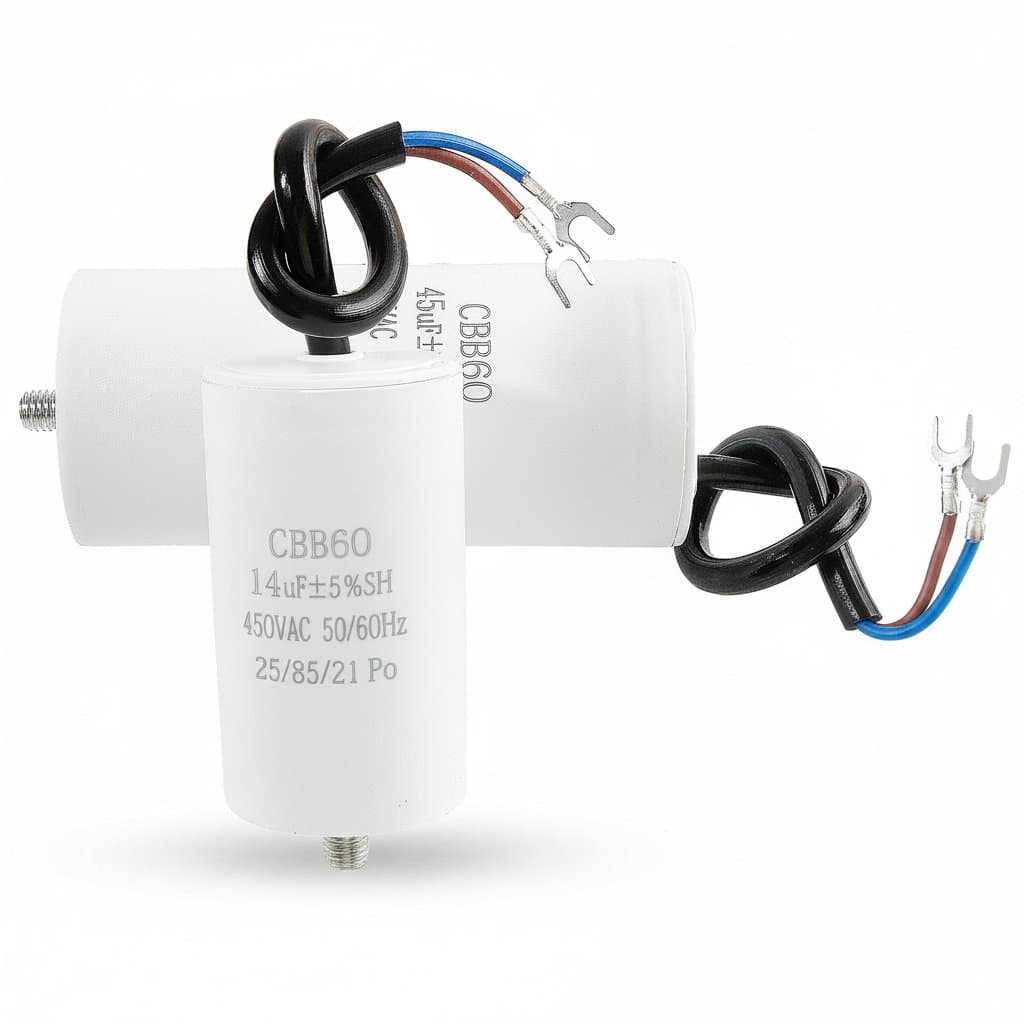 CBB60 450VAC motor run capacitor with metal fixing stud for air compressors and water pumps, a durable electric replacement part.
