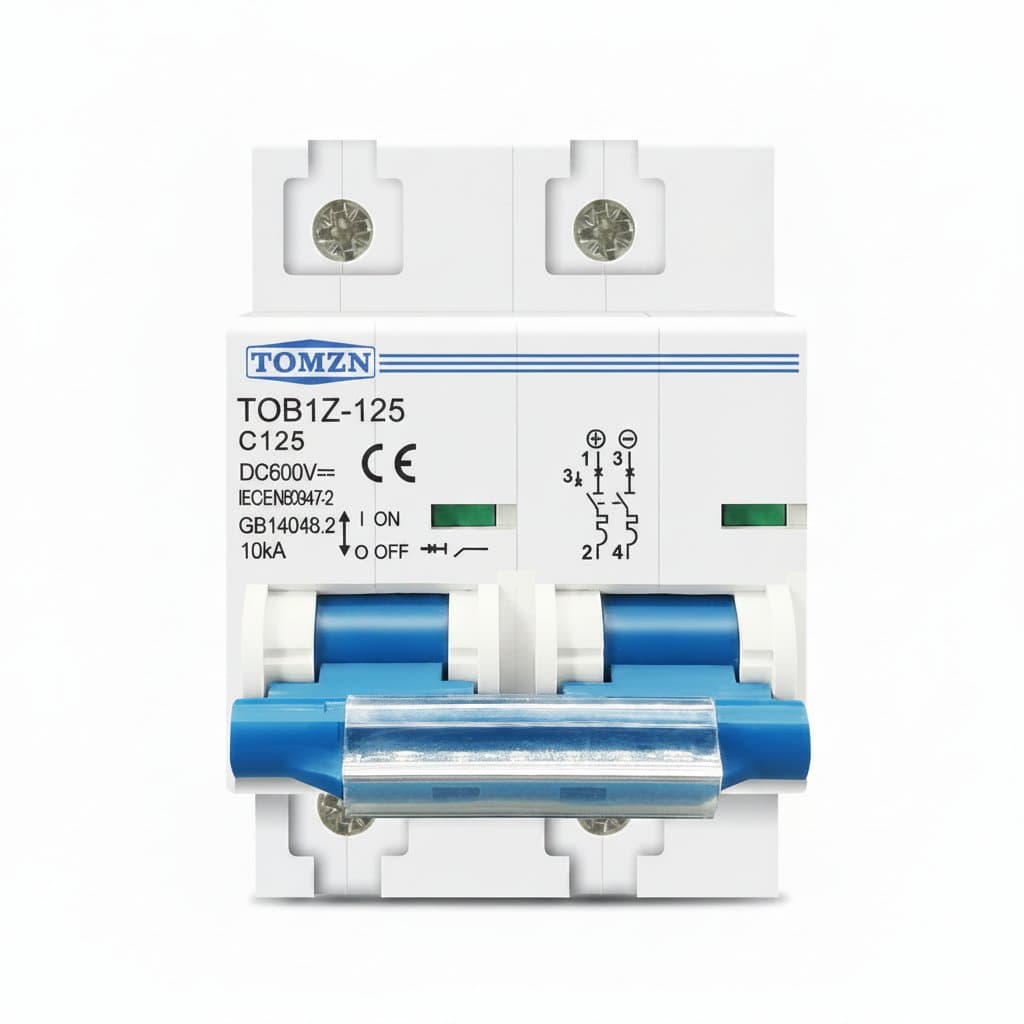 2P DC MCB Circuit Breaker for PV Solar Systems, 600V 125A rating with C curve trip for battery and inverter protection.