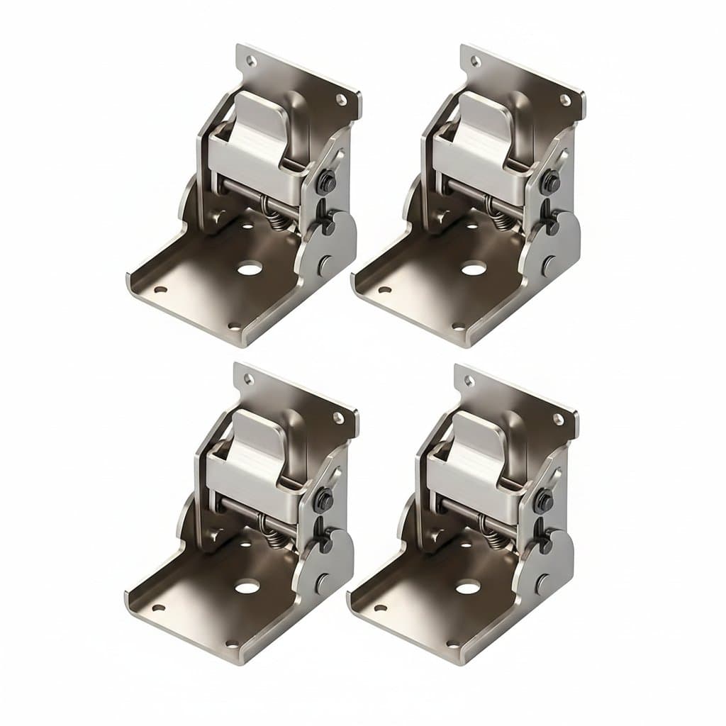 Heavy-duty folding bracket with 90-degree self-locking hinges for table legs and ledges, supporting 330 pounds per piece.