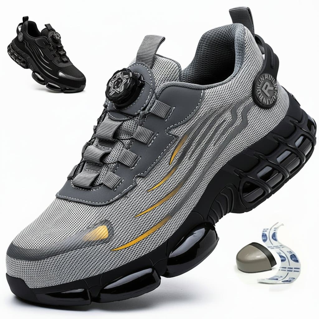 Men's rotating button safety shoes with anti-smash and anti-puncture features, designed for both security and sporty style.