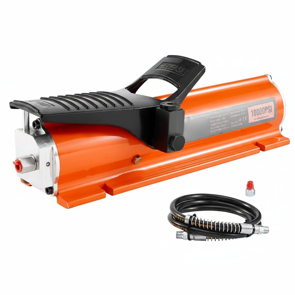 SucceBuy 10,000PSI air hydraulic pump with metal shell, 0.18-gallon reservoir, and treadle foot pedal for industrial applications.