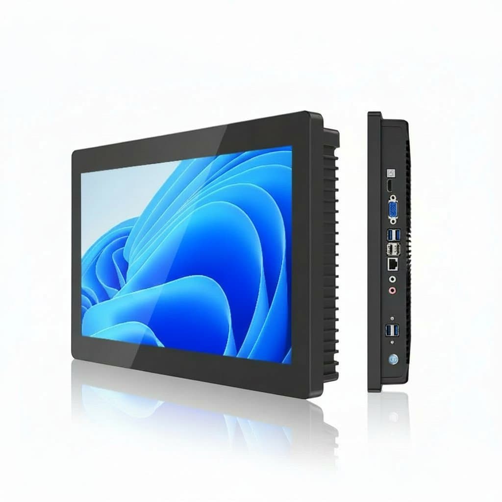 13.3-inch industrial all-in-one touch panel PC with capacitive screen, VESA mount, and Windows 10/11 compatibility for automation control.