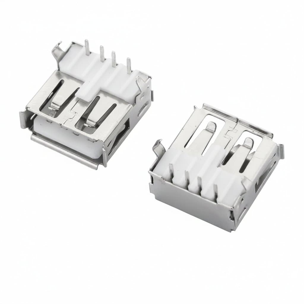 Hot Sale USB Type A female solder jack connector for PCB mounting, showing horizontal straight insertion patch design with gold-plated contacts.