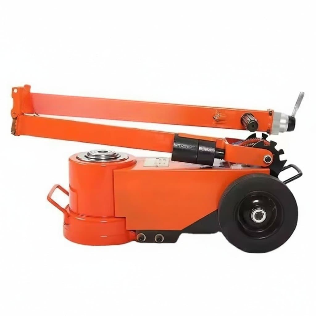 Professional 30 to 100 Ton capacity pneumatic hydraulic floor jack for heavy truck and bus repair, featuring an air-operated system.