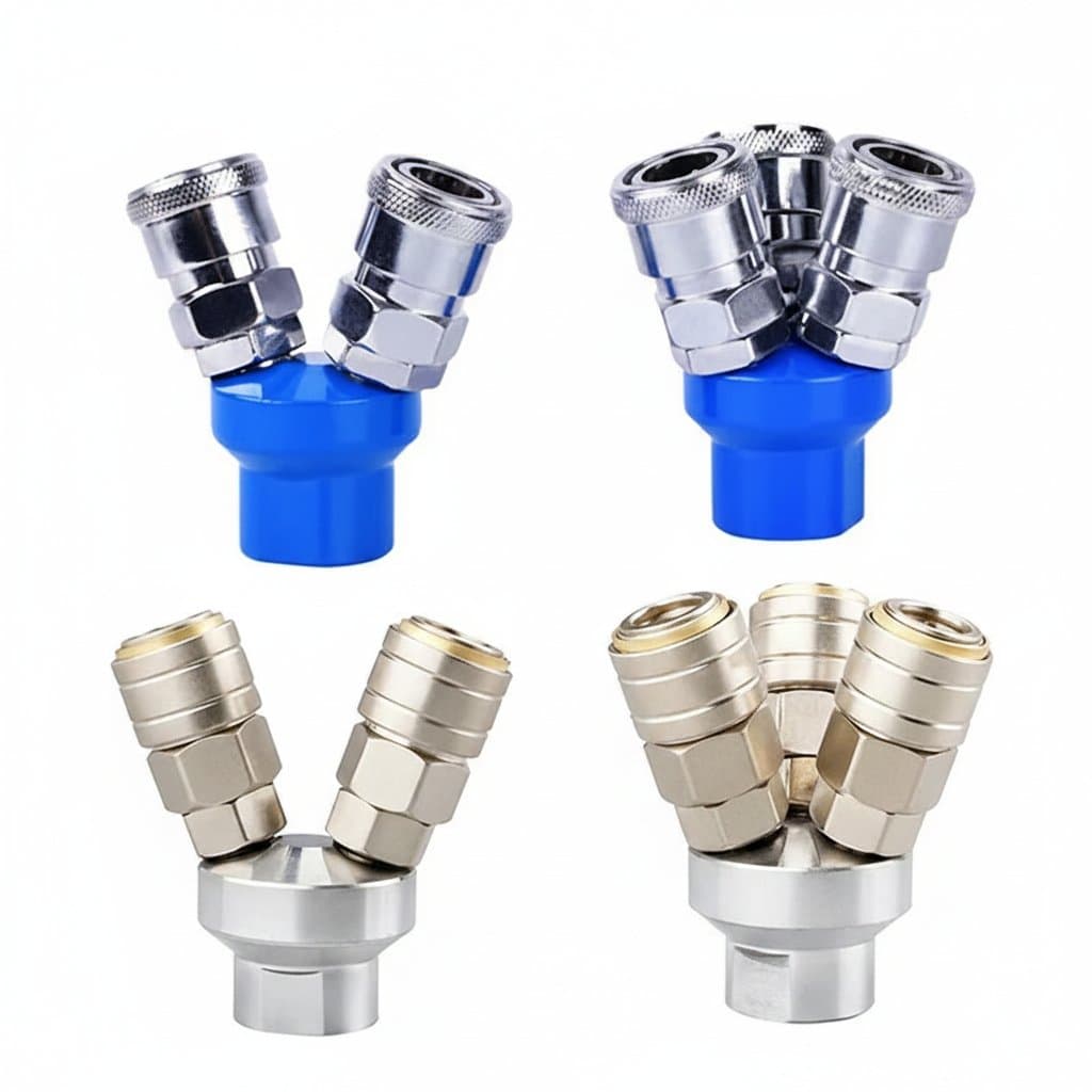 Quick Connector Air Compressor Manifold with 2-Way and 3-Way ports for multi-hose pneumatic system connections.