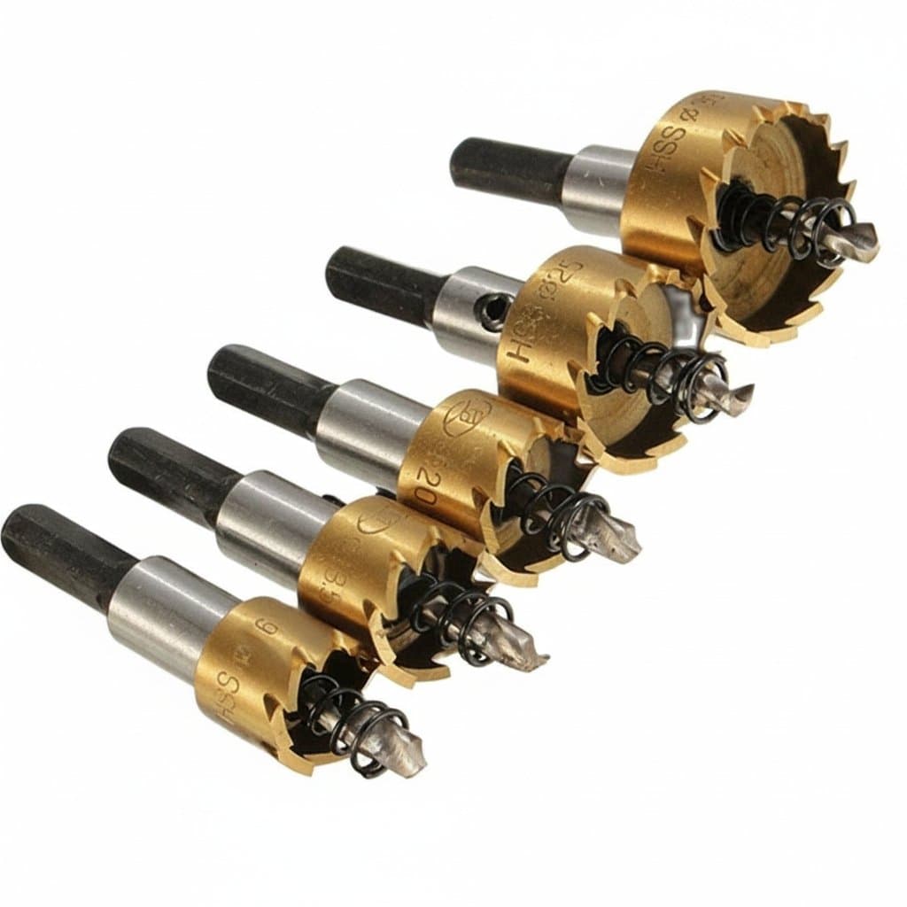 5-piece titanium coated HSS drill bit hole saw set for cutting stainless steel, metal alloy, and wood, sizes 16, 18.5, 20, 25, and 30mm.