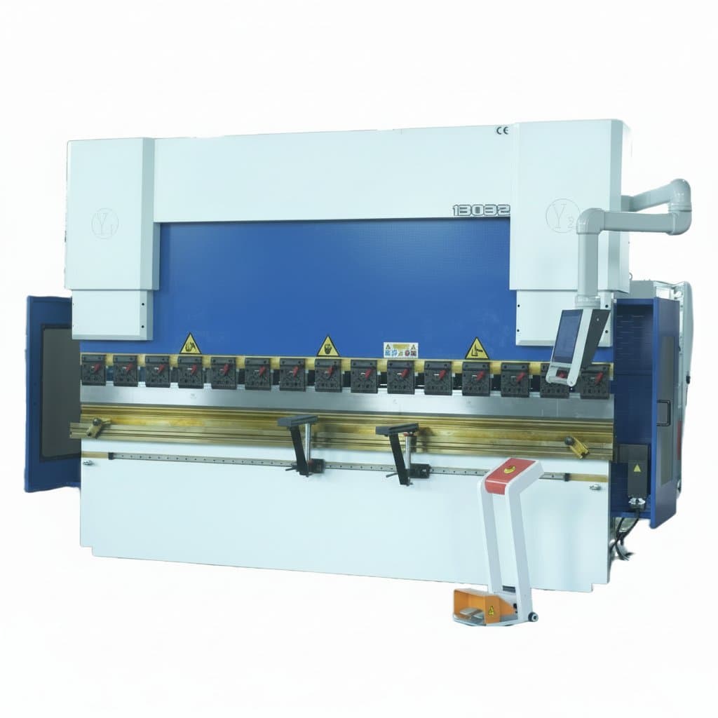 CNC 130-ton 3200mm press brake with Delem DA53T controller for precise metal bending in industrial manufacturing.