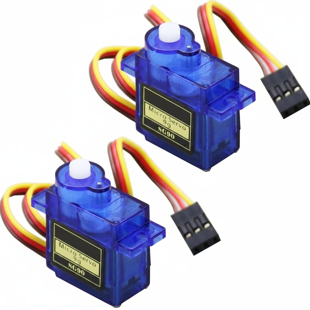Two SG90 9g micro servo motors kit for RC robots, helicopters, airplanes, and Arduino projects.