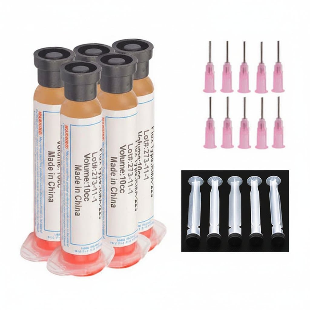 10cc Flux Soldering Paste RMA223 in syringe with needle, ideal for precision PCB, BGA, and SMD chip repair work.