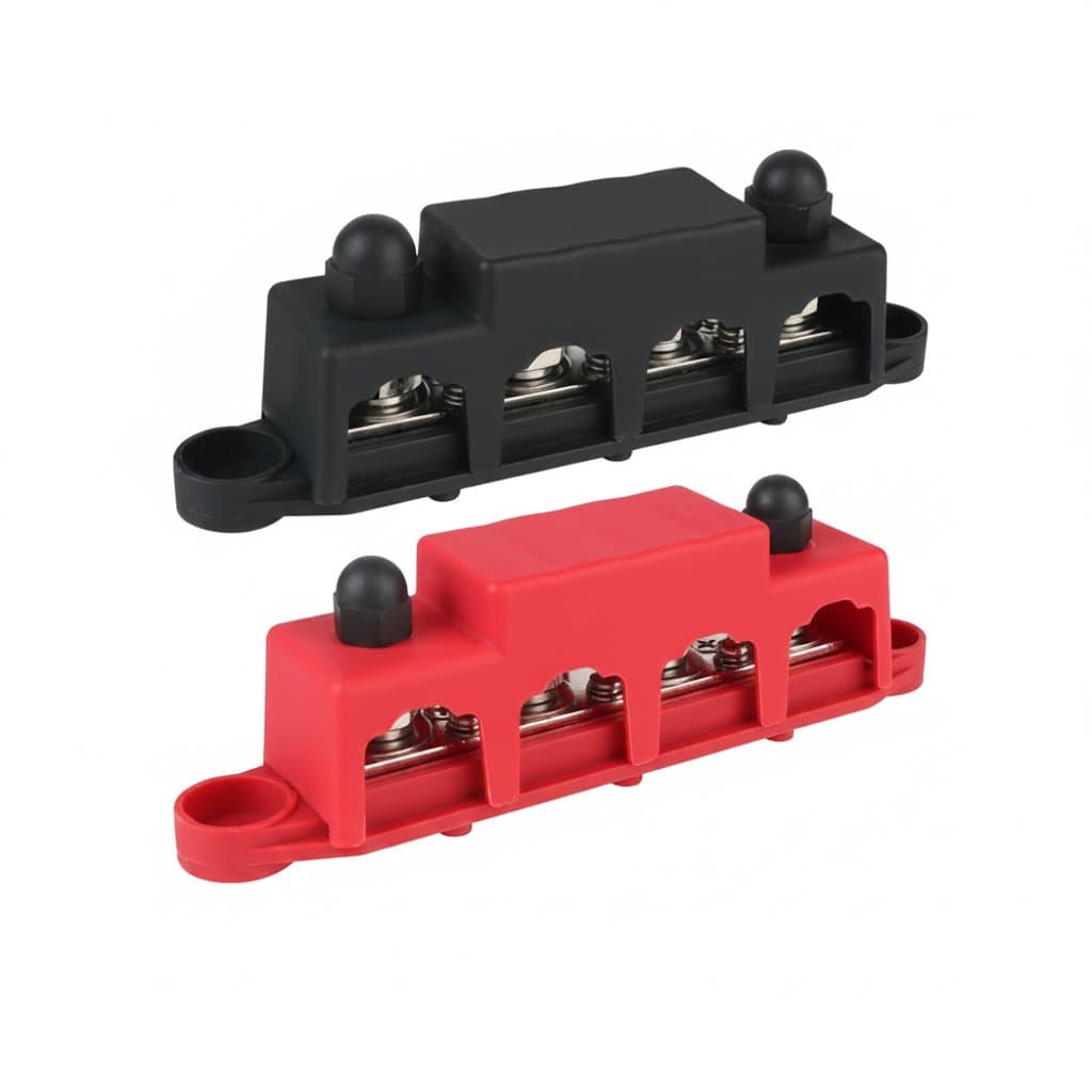 Caravan RV Power Distribution Block with 4 ways, 48V 250A DC bus bar for boat, truck, and car electrical accessories.