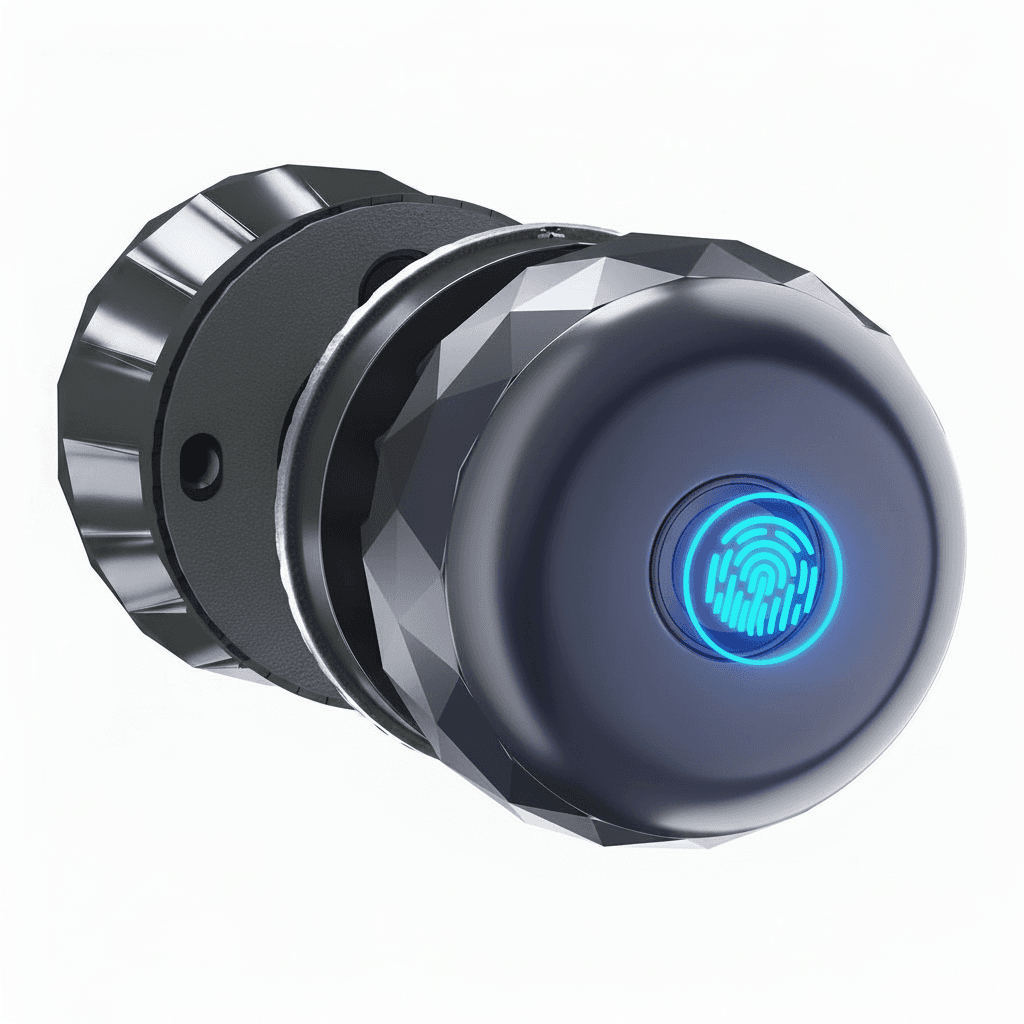 A smart door knob with 3-in-1 fingerprint, app, and keyless entry, featuring biometric control, Type-C charging, and emergency access.
