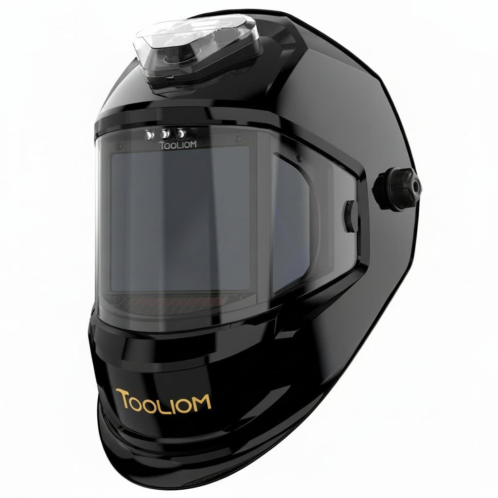 TOOLIOM auto-darkening welding helmet with rechargeable battery, shown on a mannequin head for TIG MIG and cutting