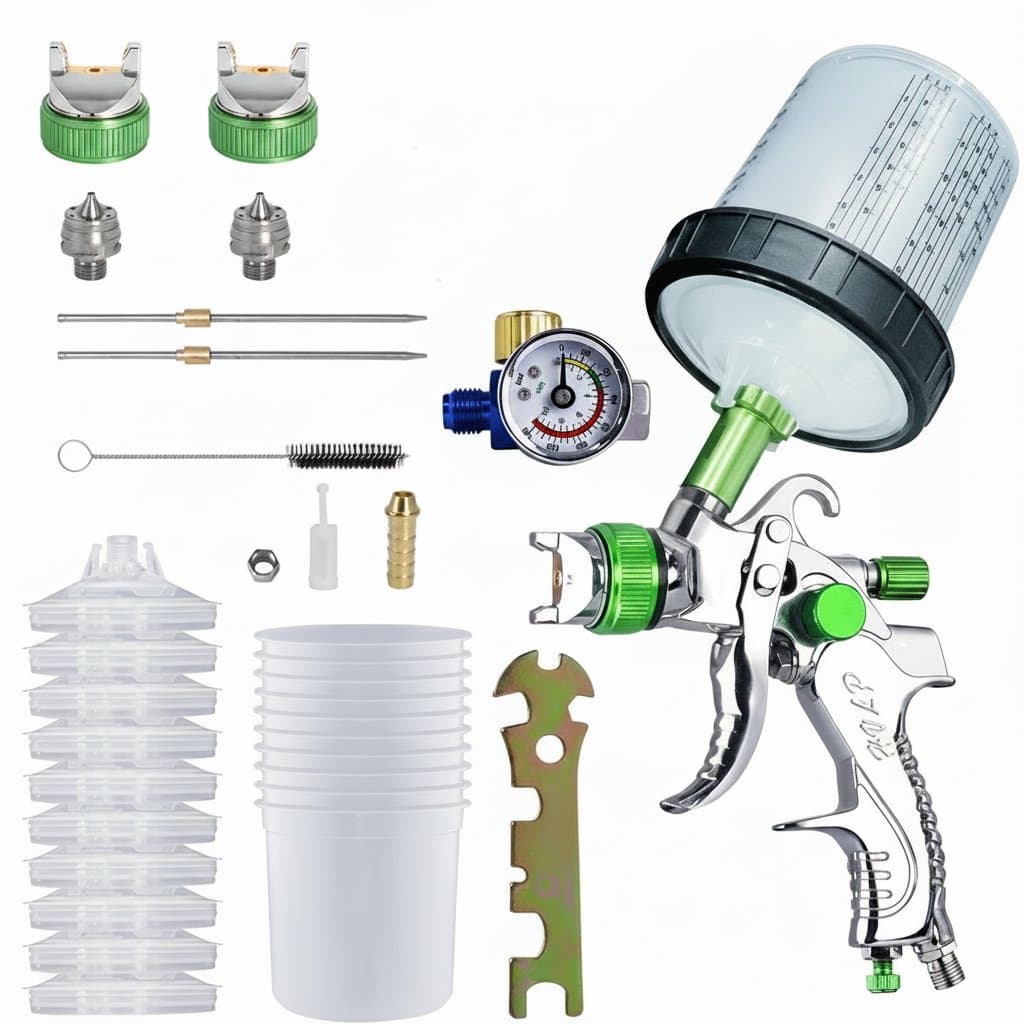 HVLP spray gun with three interchangeable nozzles (1.4mm, 1.7mm, 2.0mm) and 10 disposable 600ml measuring cups for automotive painting projects.
