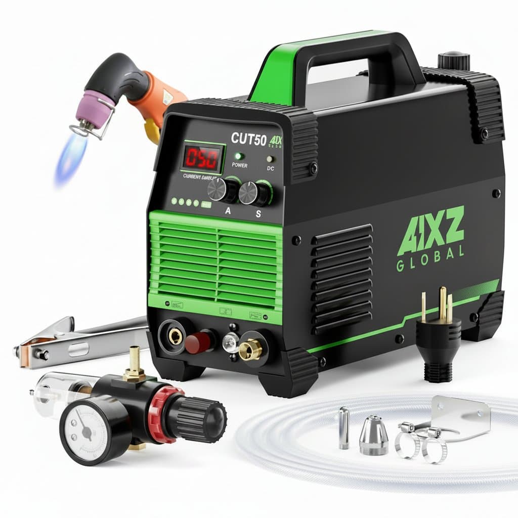 AIXZ CUT-50 Amps Plasma Cutter with dual voltage 110V/220V, featuring pilot arc technology for cutting metal up to 14mm thick.
