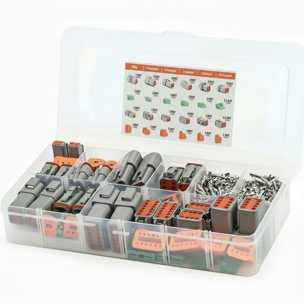 Deutsch DT Series automotive electrical connector assortment with 188 stamped contacts, waterproof seals, and size 16 terminals for professional wiring.