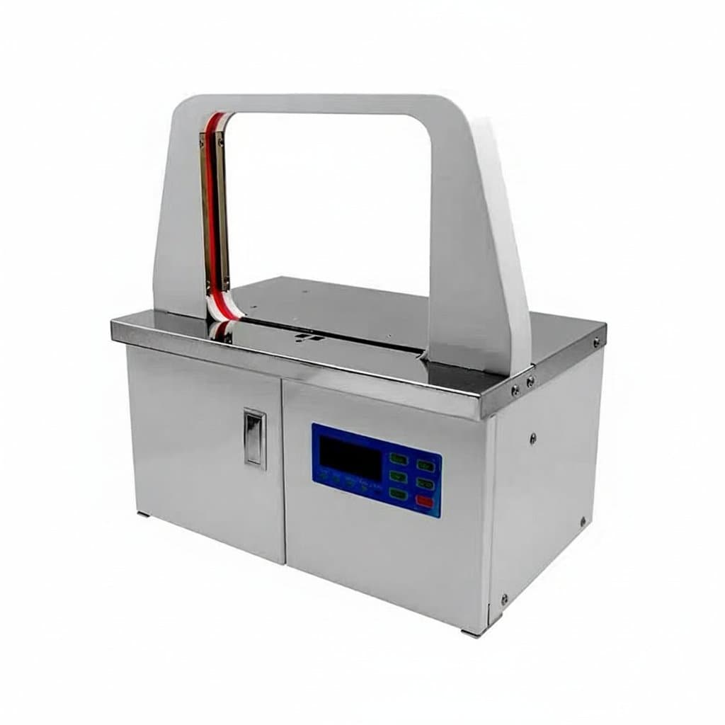 Automatic strapping machine for OPP film bags and paper packages using hot melt adhesive, 220V industrial packaging equipment.
