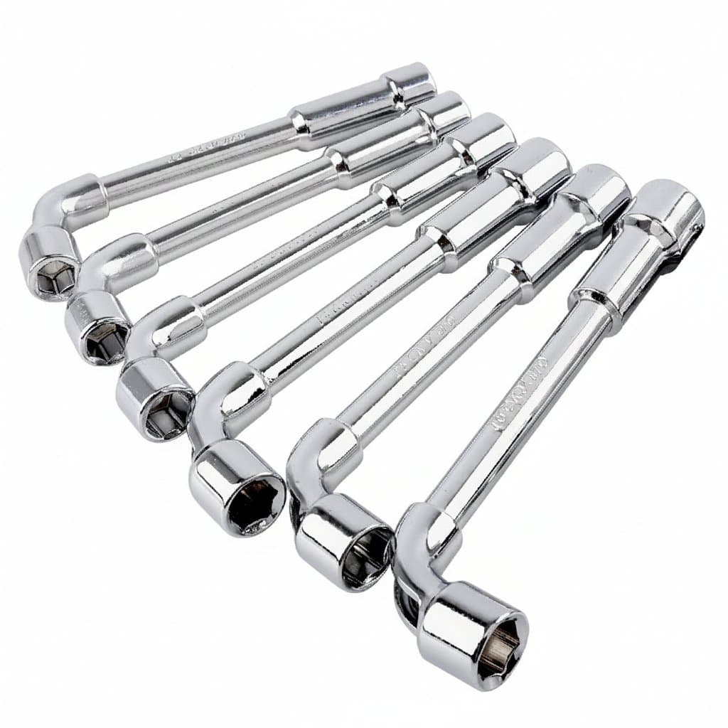 An L-shaped angled spark plug torque wrench made from Cr-V steel, suitable for hexagon nuts.