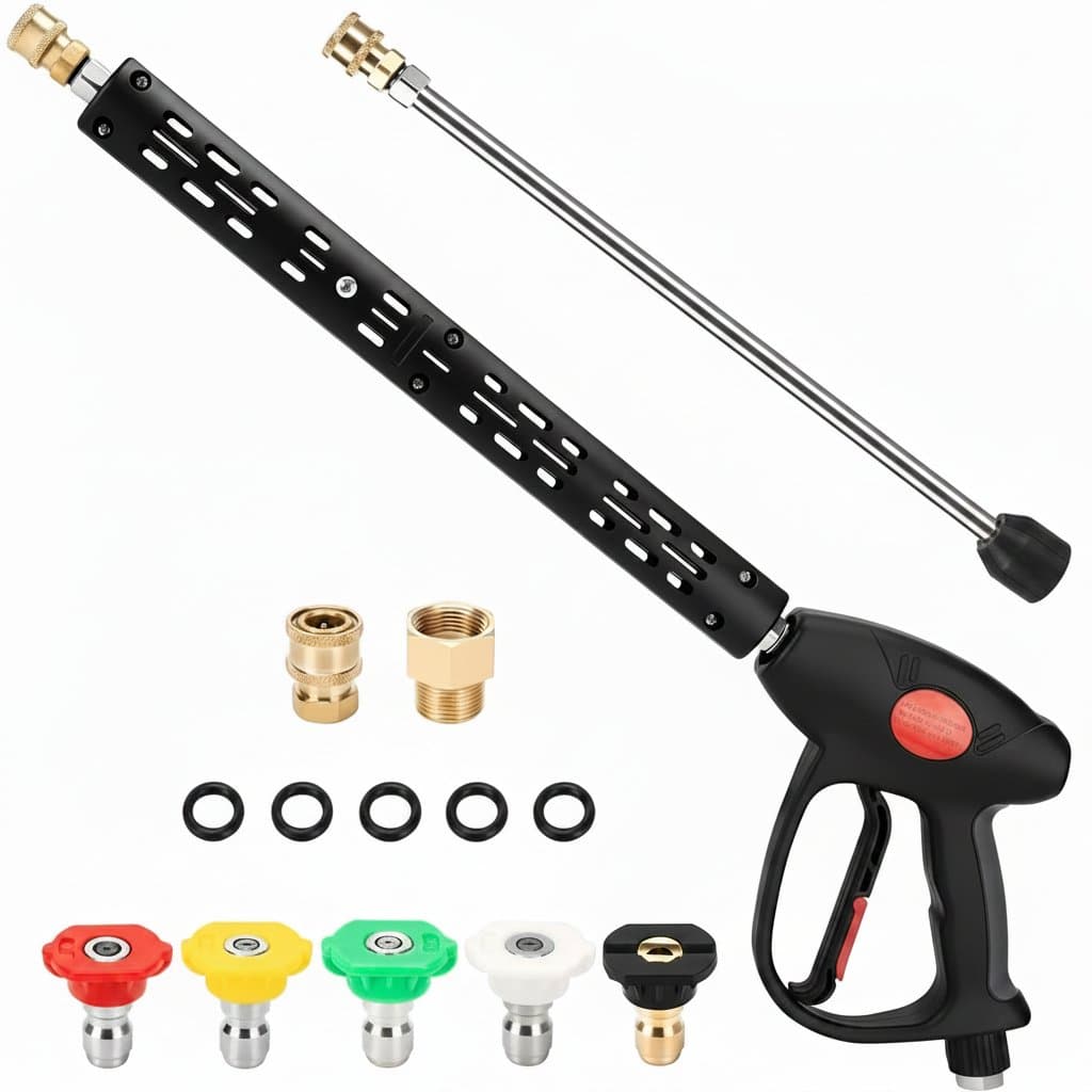 Pressure washer gun kit with two wands, five nozzle tips, and a swivel connector for versatile cleaning applications.