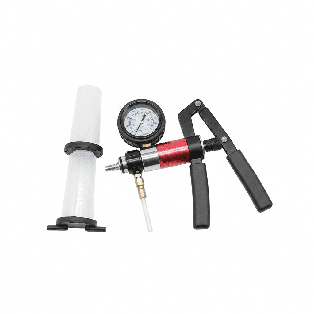 A hand-held vacuum pump brake bleeder set, a comprehensive tool kit for clutch fluid bleeding, oil changes, and power steering fluid bleeding, an essential brake bleeder kit.