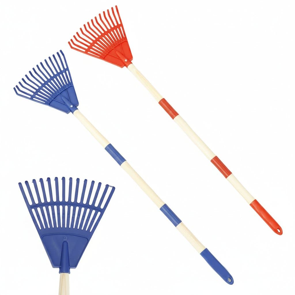 Adjustable children's leaf rake with three-section removable handle, made of plastic and wood for safe garden use.