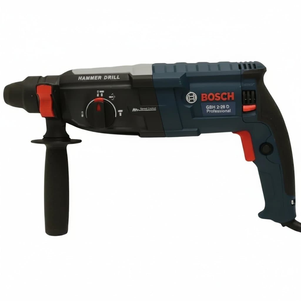 BOSCH GBH 2-26/28 D industrial-grade electric hammer with three functions: drilling, hammer drilling, and chiseling for masonry work.