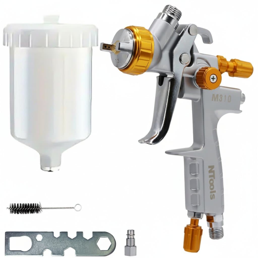 NTOOLS professional HVLP spray gun kit with 1.3mm nozzle, suitable for applying all types of automotive paints smoothly.