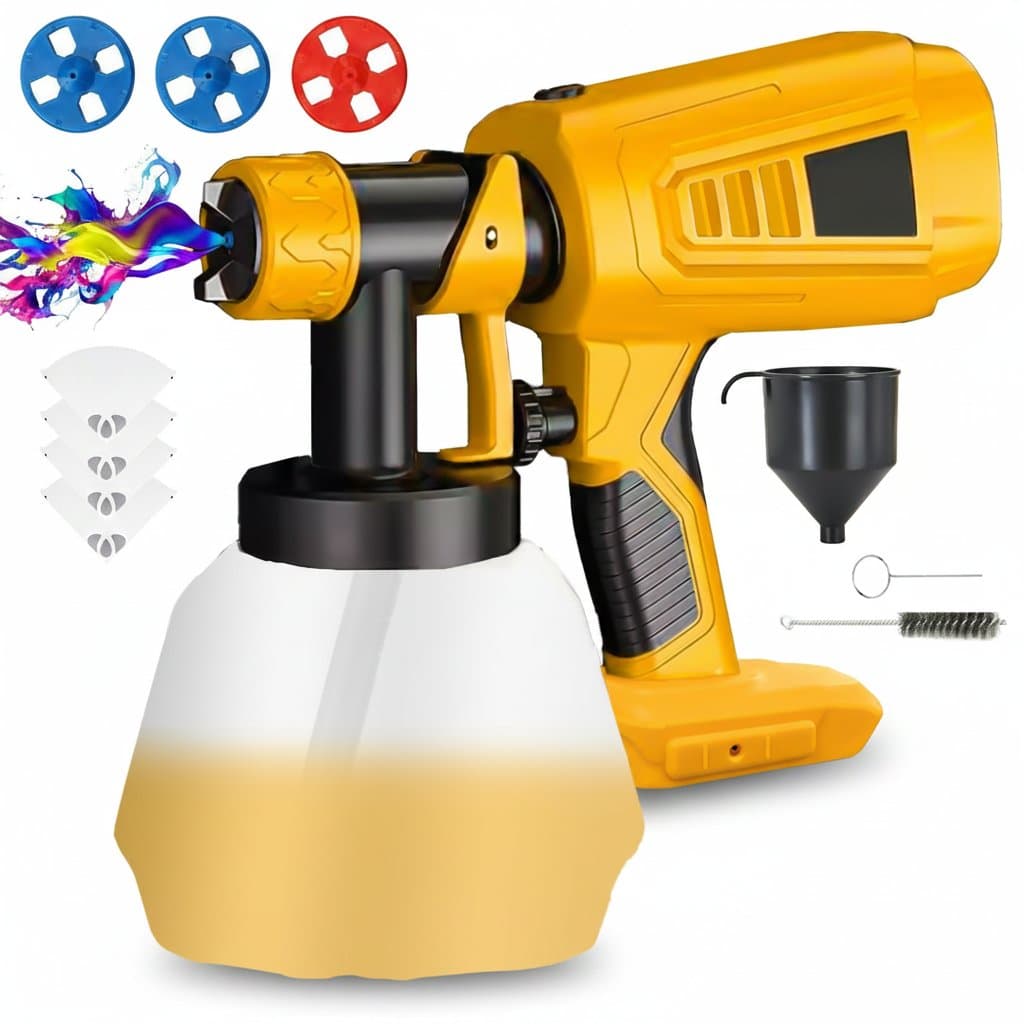 Cordless paint sprayer compatible with Dewalt 20V MAX batteries, featuring airless electric HVLP spray technology for efficient painting.