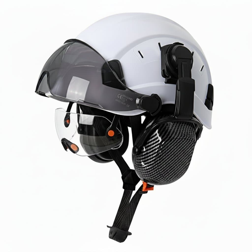 Carbon fiber reinforced safety helmet with double goggles, earmuffs, and ANSI certification for construction, engineering, and rescue work.