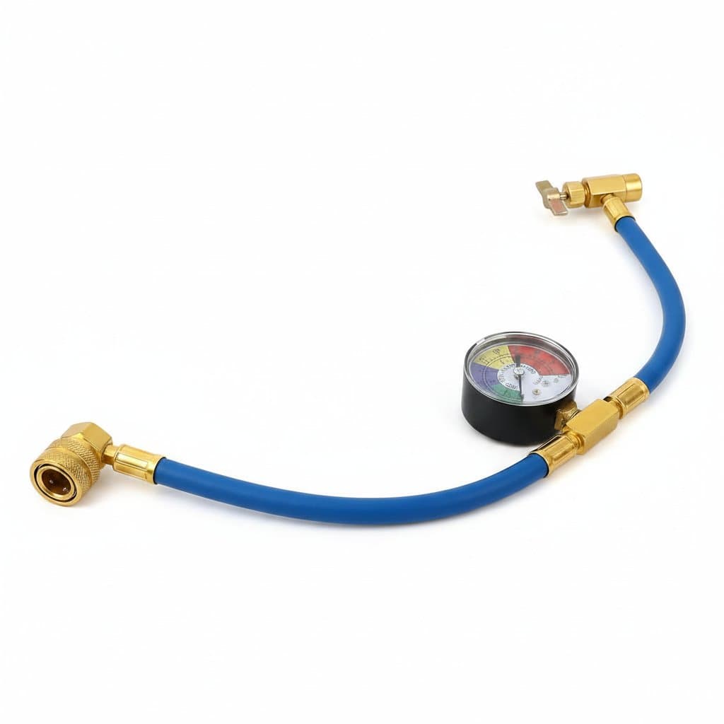 A complete car AC recharge kit with a low-pressure gauge, quick coupler, and can tap valve.