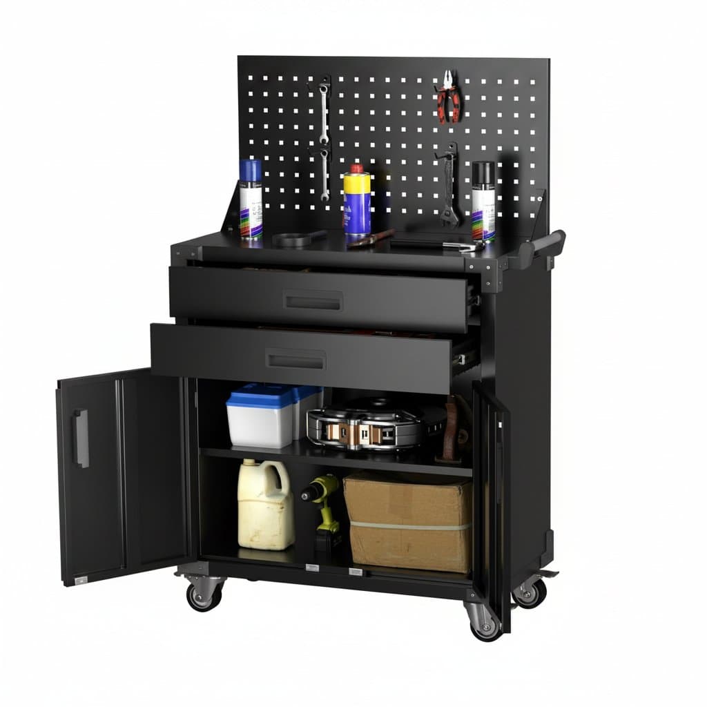 Industrial tool cart on wheels with pegboard, four hooks, and two drawers for garage storage and utility service.