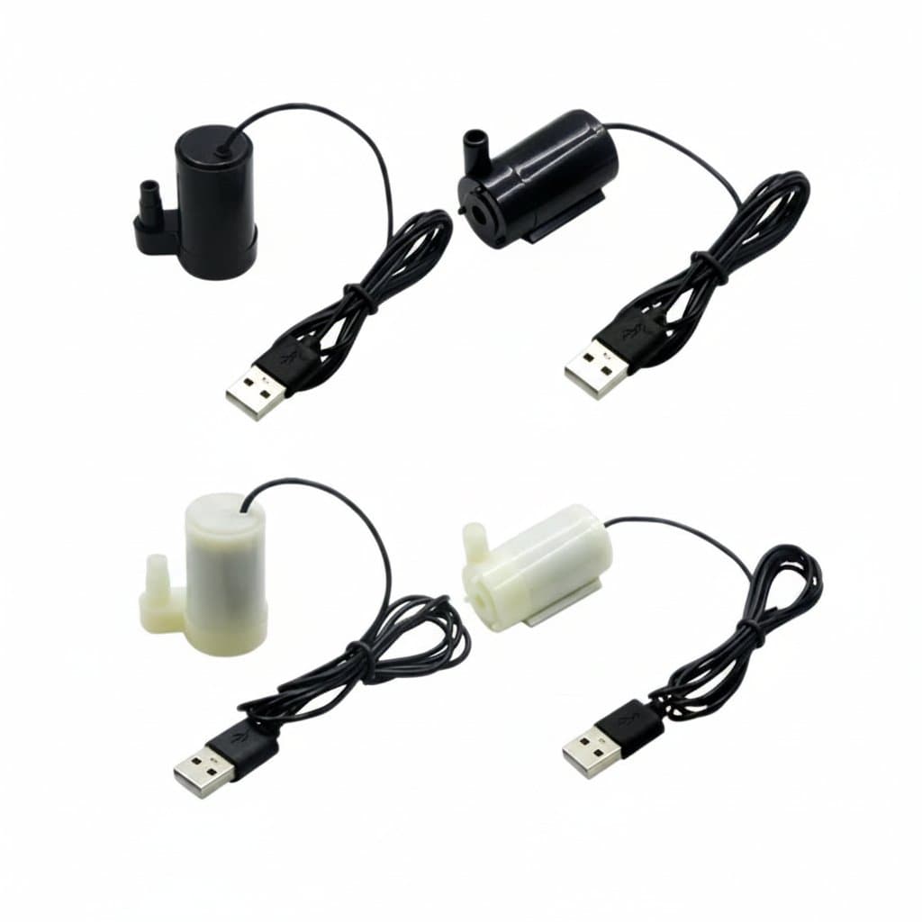 A low-voltage, ultra-quiet USB-powered micro submersible pump designed for hydroponic systems, craft fountains, and small aquariums.