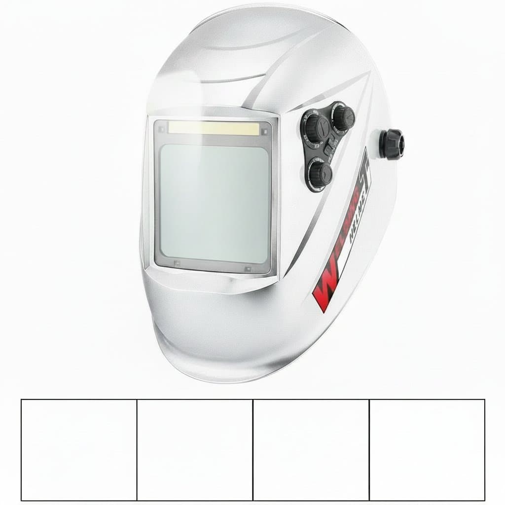 Automatic dimming welding helmet with large true color view, an auto-darkening facemask for arc welding and safety goggles.