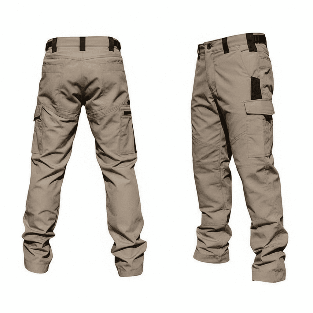 Mens Knee Pad Work Trousers, khaki cargo style, front and back views on white.