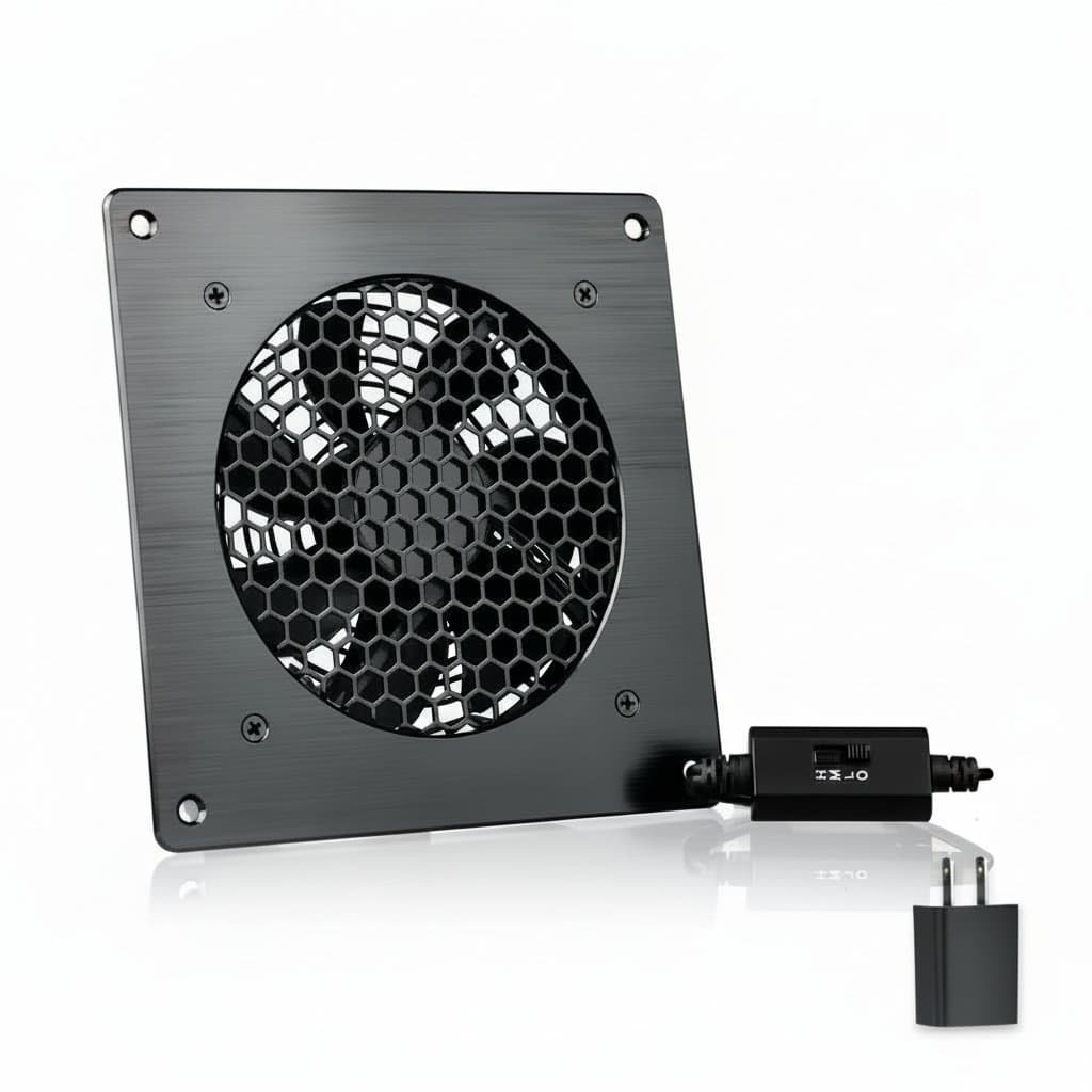 Infinity 120mm USB cooling fan with speed control dial, black frame, and clear blades for PC, server rack, or entertainment center cooling.