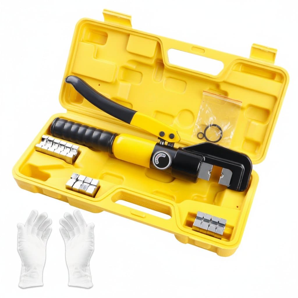 Professional 10-ton hydraulic crimping pliers for 4-70mm² cable terminals, featuring cordless operation and included work gloves.