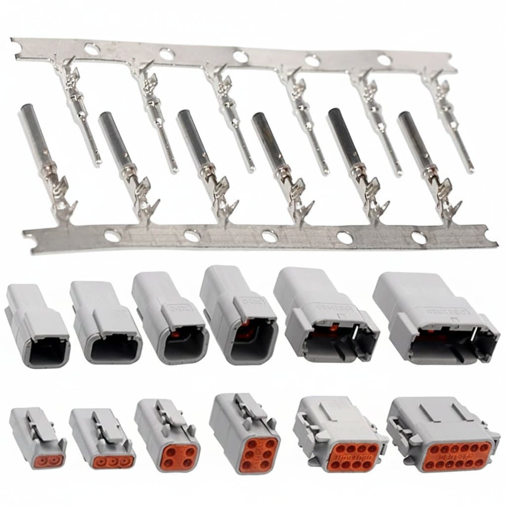 Waterproof DTM electrical connector set with male and female plugs in 2P to 12P configurations for automotive wiring.