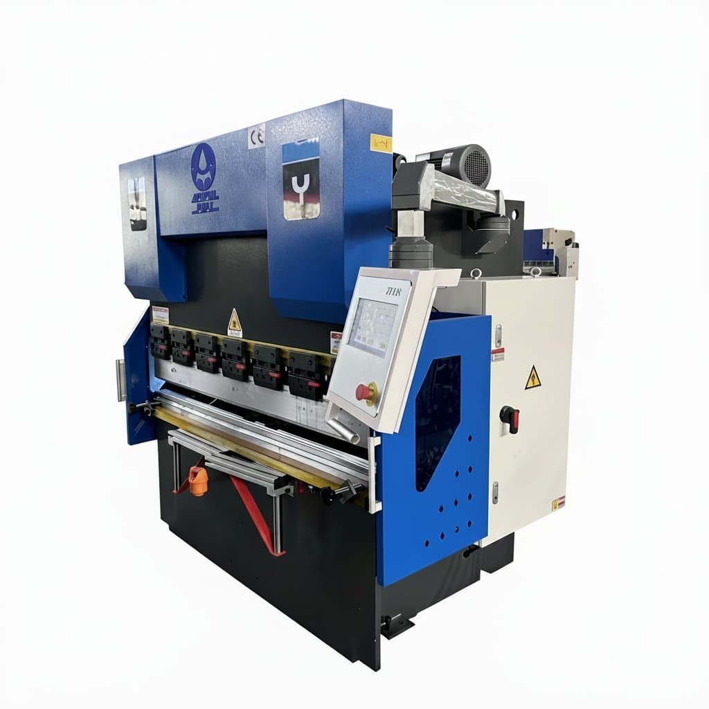 30T1600 hydraulic press brake bending machine with TP10S CNC controller, shown bending sheet metal in an industrial workshop.