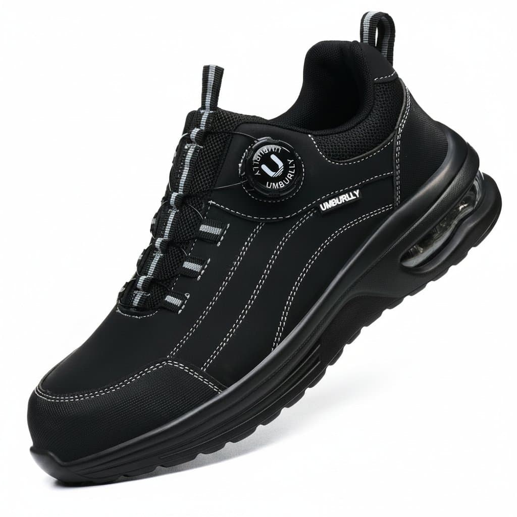 Men's industrial steel toe work boots with puncture-resistant Kevlar midsole, air cushion comfort, and black button style construction.