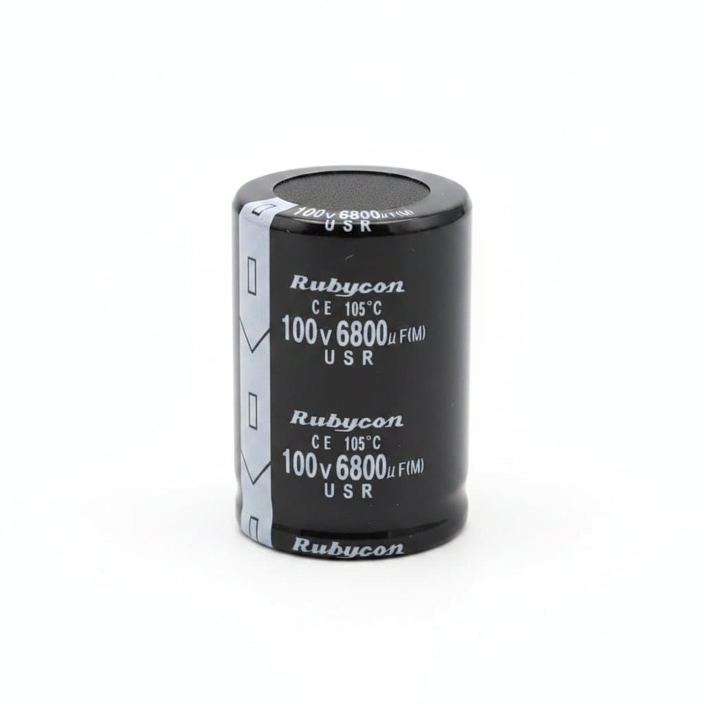 Original 6800uF 100V electrolytic capacitor radial type, 35x50mm dimensions, high ripple current for power supply and audio applications.