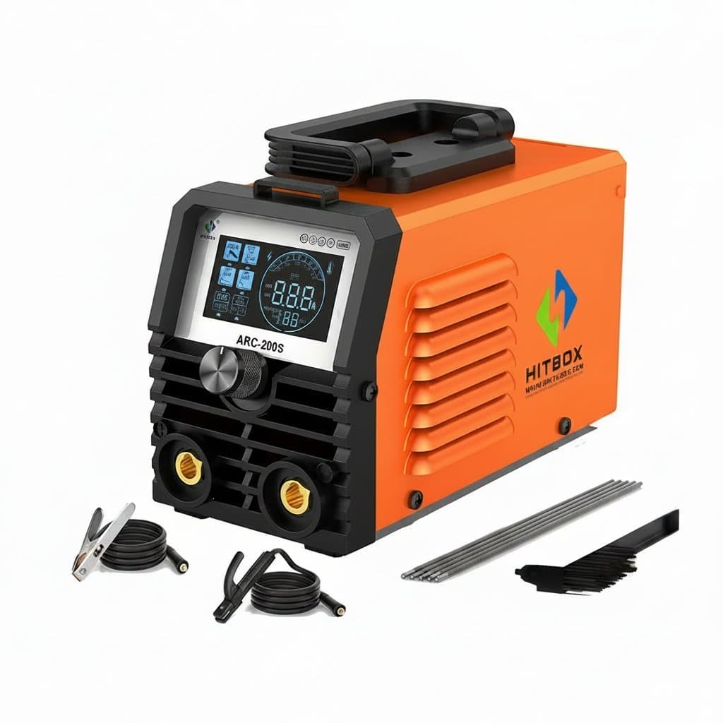 HITBOX ARC200S 2-in-1 ARC MMA and LIFT TIG welding machine with IGBT inverter, LED digital display, and portable design for home use.