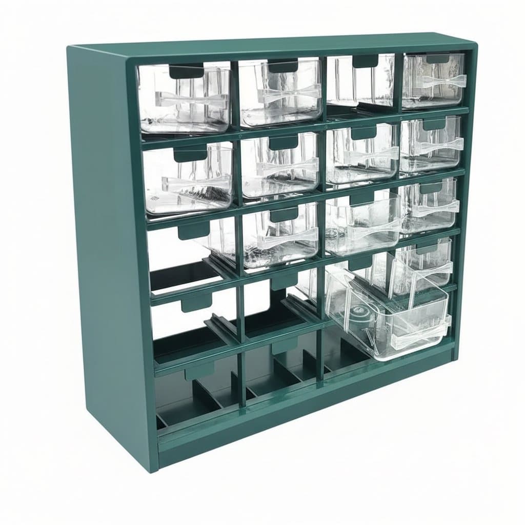 25-compartment wall-mounted drawer box designed for screw classification and storage of electronic components in a durable tool case.