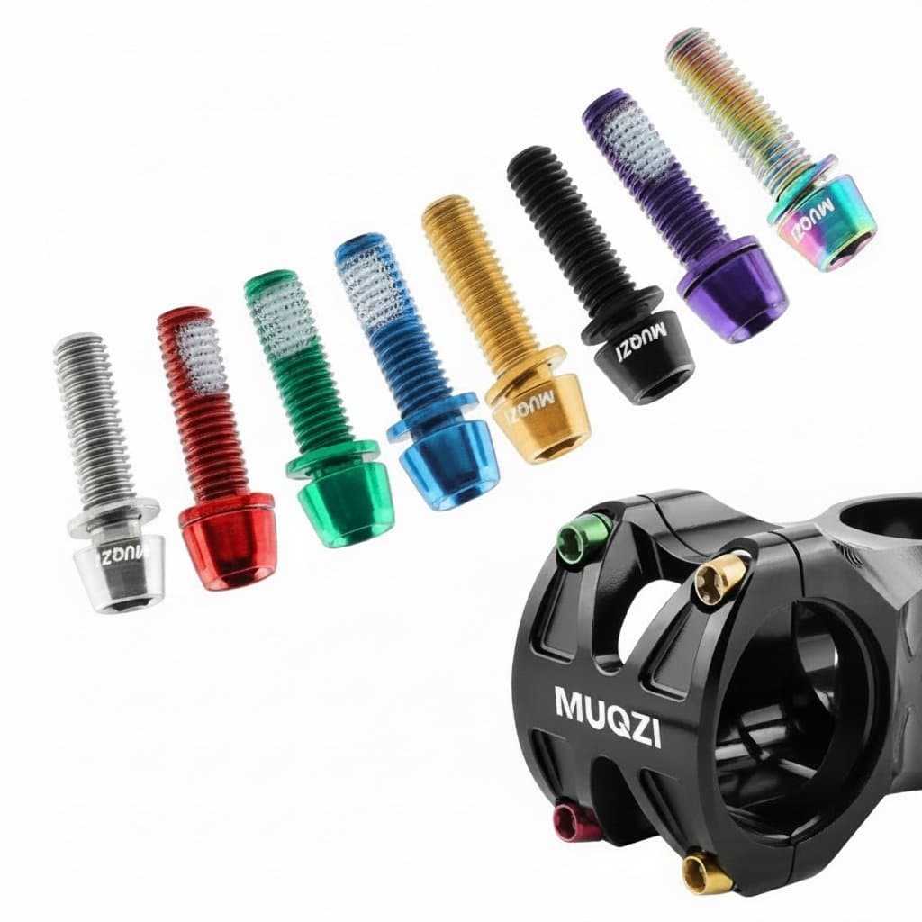 MUQZI 6-piece M5x17mm bicycle stem bolt kit with washers for secure handlebar and stem riser installation on MTB and road bikes.