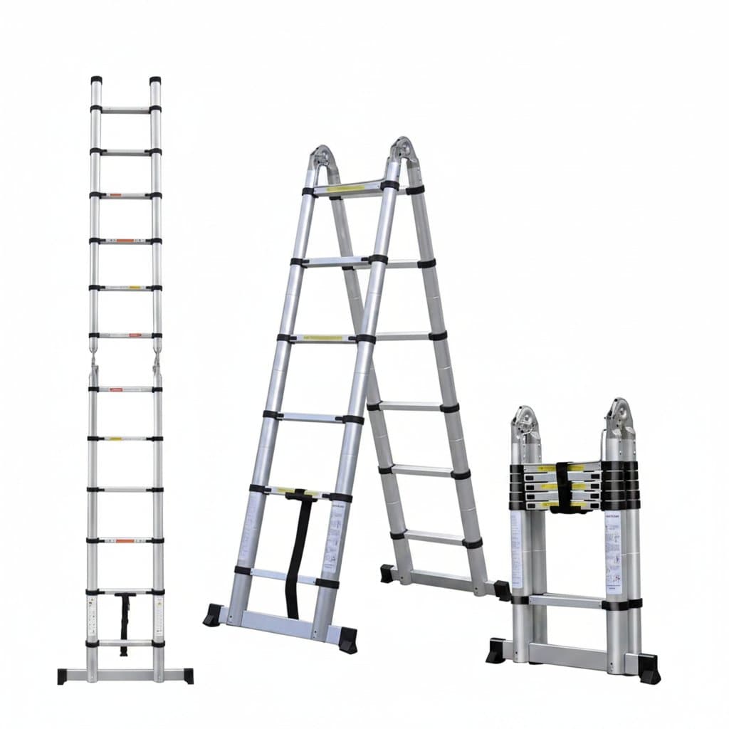 A-frame aluminum telescopic ladder extending from 3.8M to 5M, portable and collapsible with a stabilizer bar and 330lb max load.