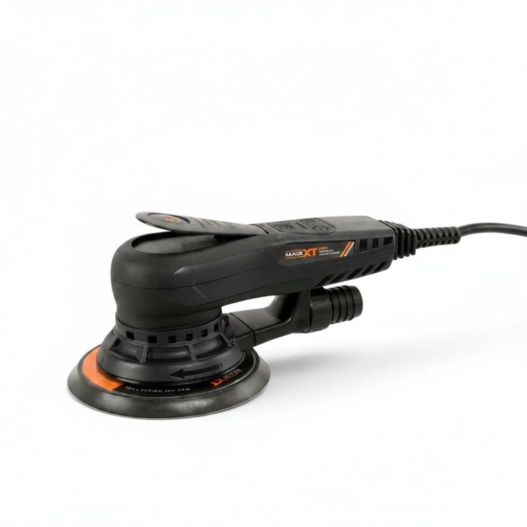 MAXXT 350W brushless electric orbital sander for woodworking and auto body, includes 150mm and 125mm sanding pads.