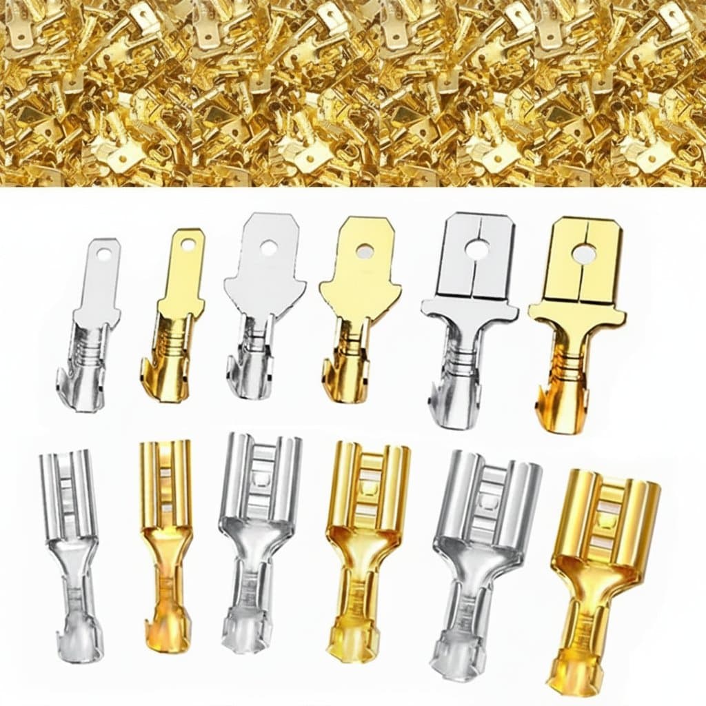 100-piece set of brass crimp terminals and insulating sheaths for car audio and electrical wiring, includes 2.8mm, 4.8mm, and 6.3mm male and female connectors.