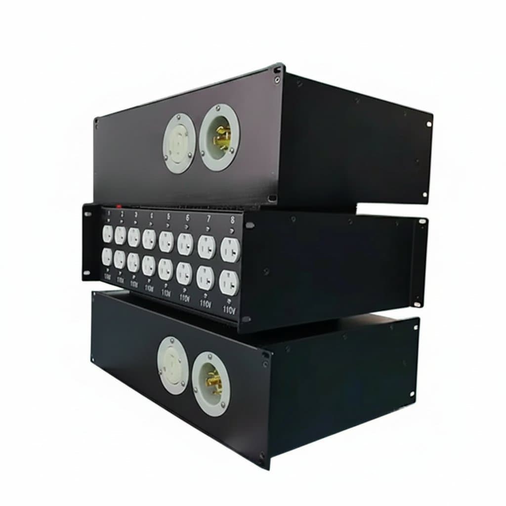 Bestseller 3U rack mount power distribution box with 20A Edison outlets, shown front-facing on a construction jobsite.
