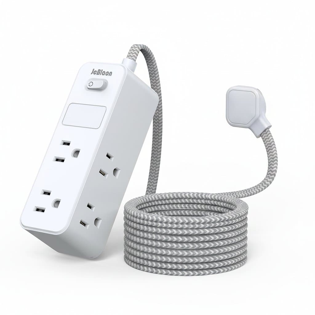 US Plug AC Outlet Multitap Power Strip with 5FT extension cord, featuring surge protection and network filtering for smart home office use.
