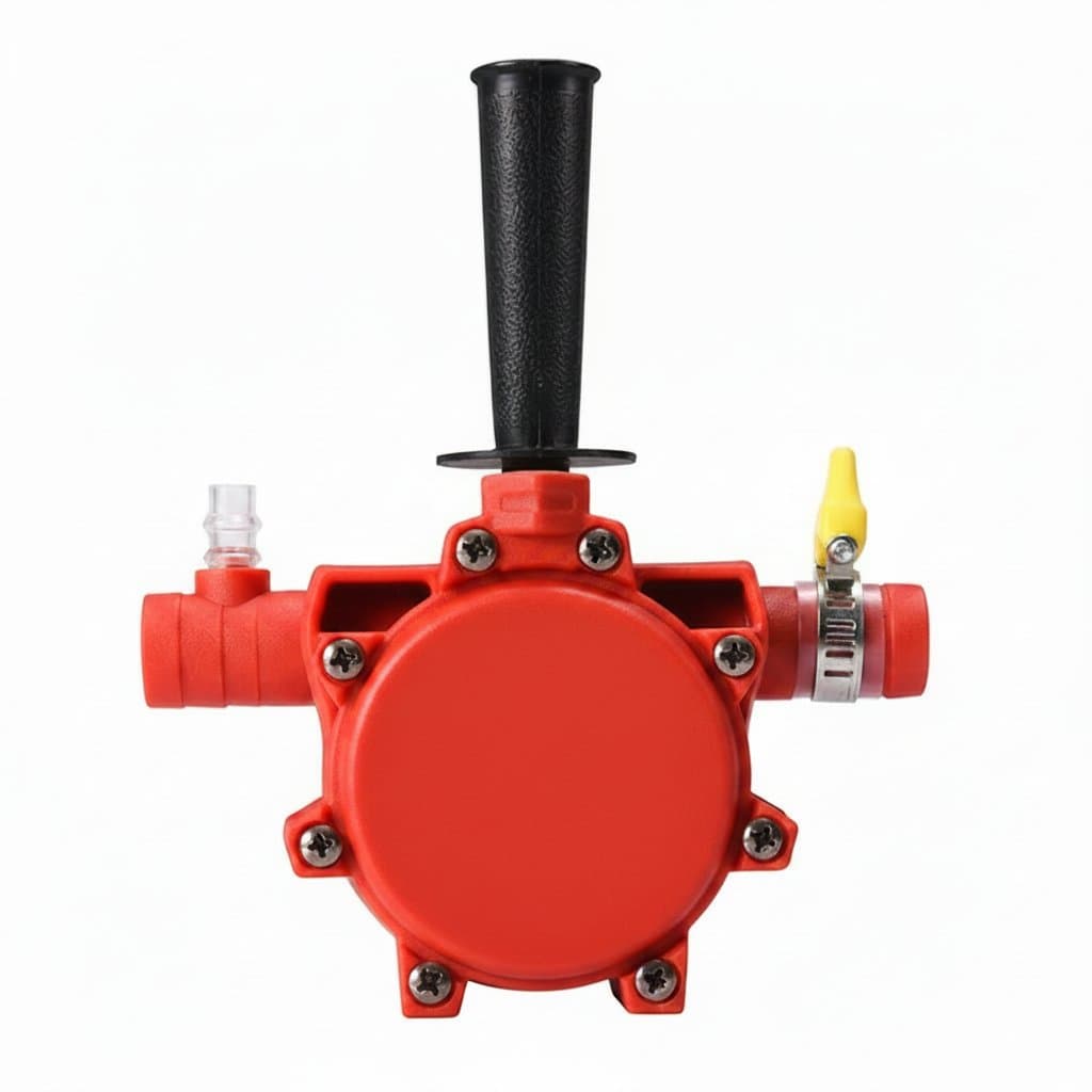 Portable electric drill-driven self-priming transfer pump with a round shank, designed for easy installation and moving fluids like oil or water.